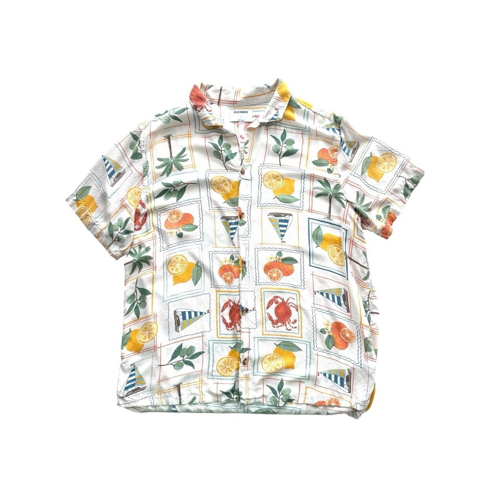 Old Navy Camp Collar Coastal Tile Button Up Men's Large Summer Beach Travel